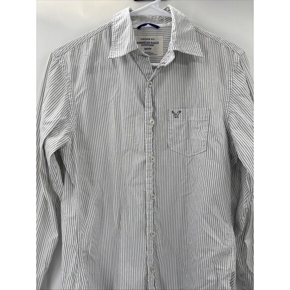 American Eagle Button Up Shirt Mens XS Vintage Fit Long Sleeve Gray White Cotton - Picture 2 of 6